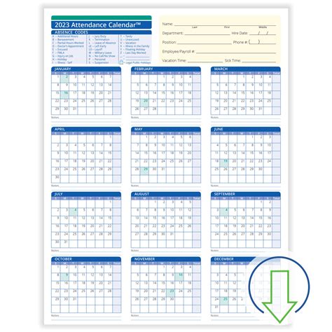 Free Printable 2023 Employee Attendance Calendar Pdf